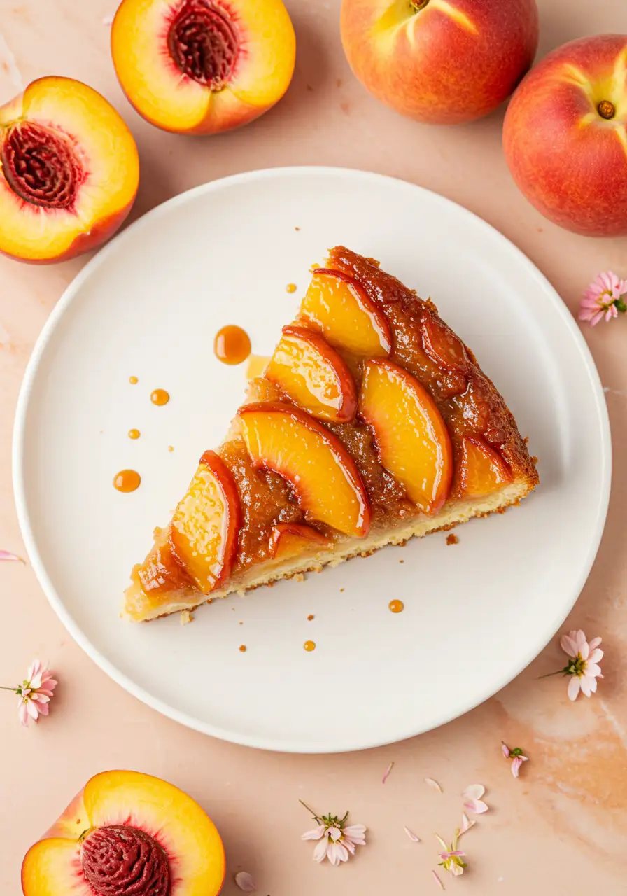Peach upside down cake just being flipped on a white marble plate.