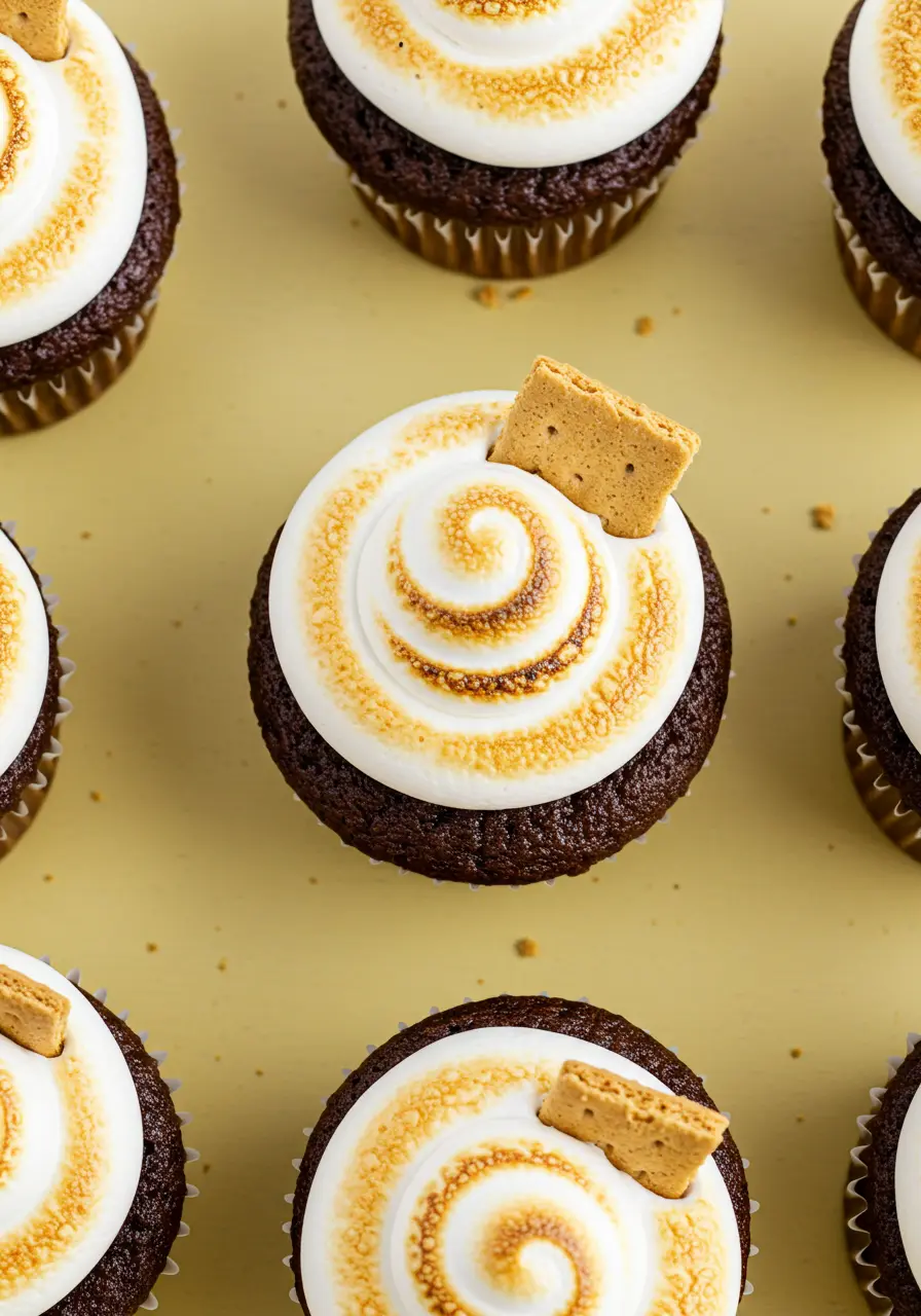 S’mores cupcakes on a light-yellow surface.