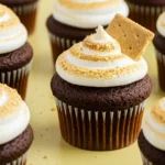S’mores cupcakes on a light-yellow surface.