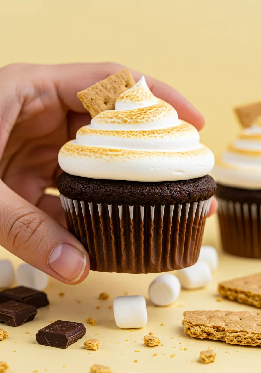 A hand holding a S’mores cupcake.