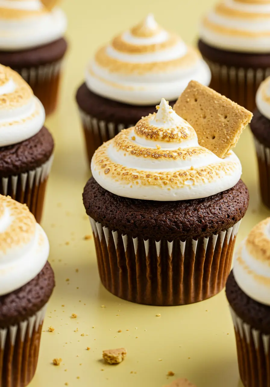 S’mores cupcakes on a light-yellow surface.
