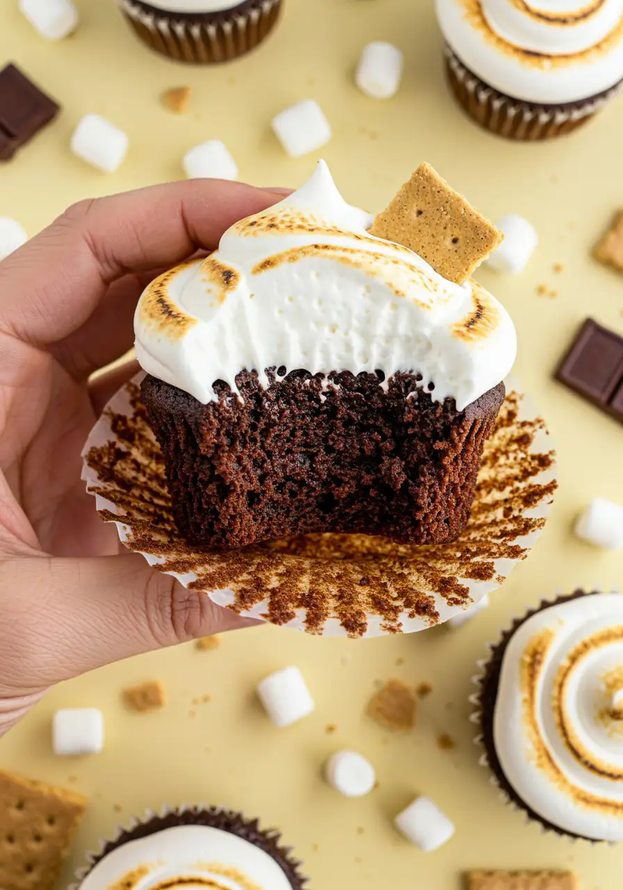 A hand holding a S’mores cupcake with a bite taken out of it.
