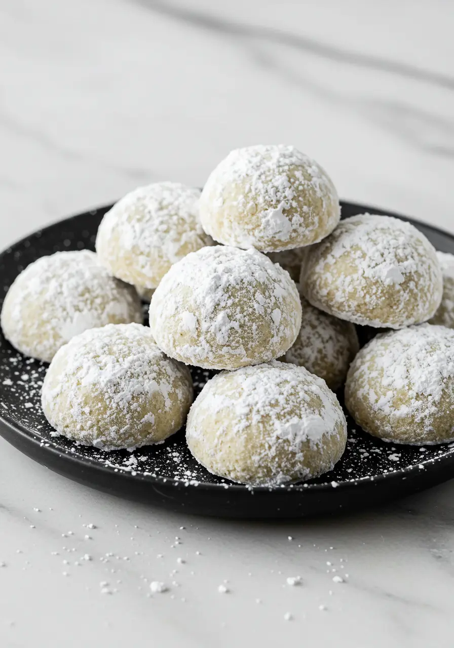 Snowball cookies on a black plate.