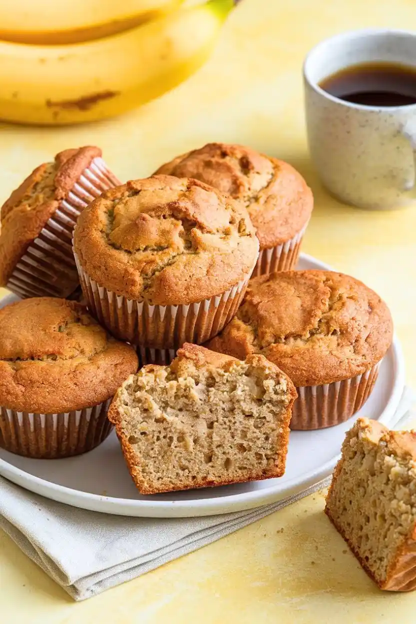 Sourdough banana muffins arranged on a white plate, accompanied by a cup of coffee in the background and two bananas.