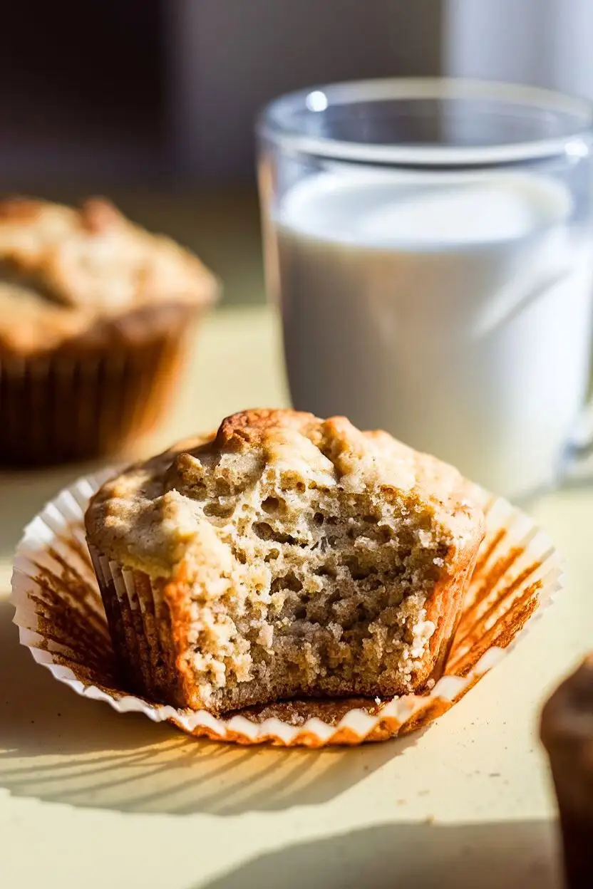 Sourdough Banana Muffin with a bite taken from it with a cup of milk behind.