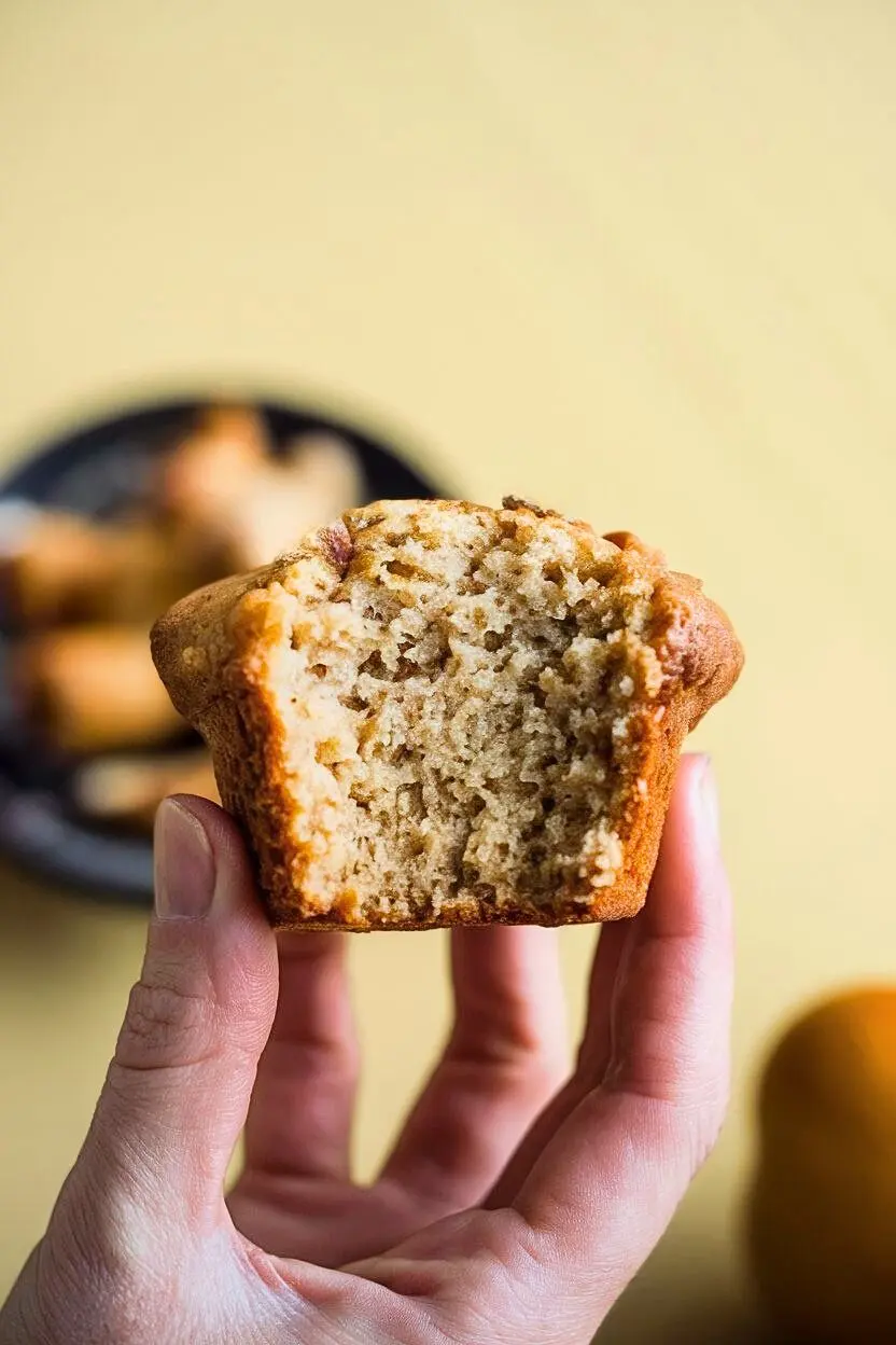 Sourdough Banana Muffin grasped by a hand with a bite taken from it.