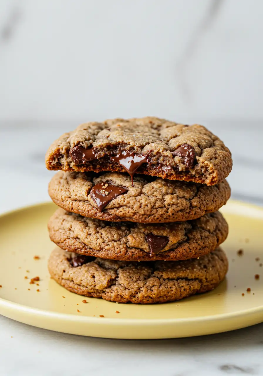Stack of sourdough chocolate chip cookies on a yellow plate.
