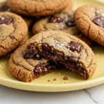 Sourdough chocolate chip cookies on a yellow plate against a white marble surface.