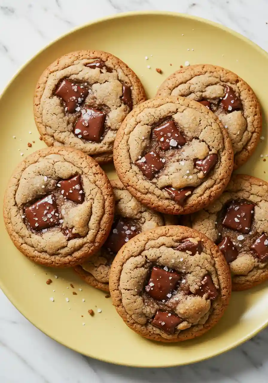 Sourdough chocolate chip cookies on a yellow plate.