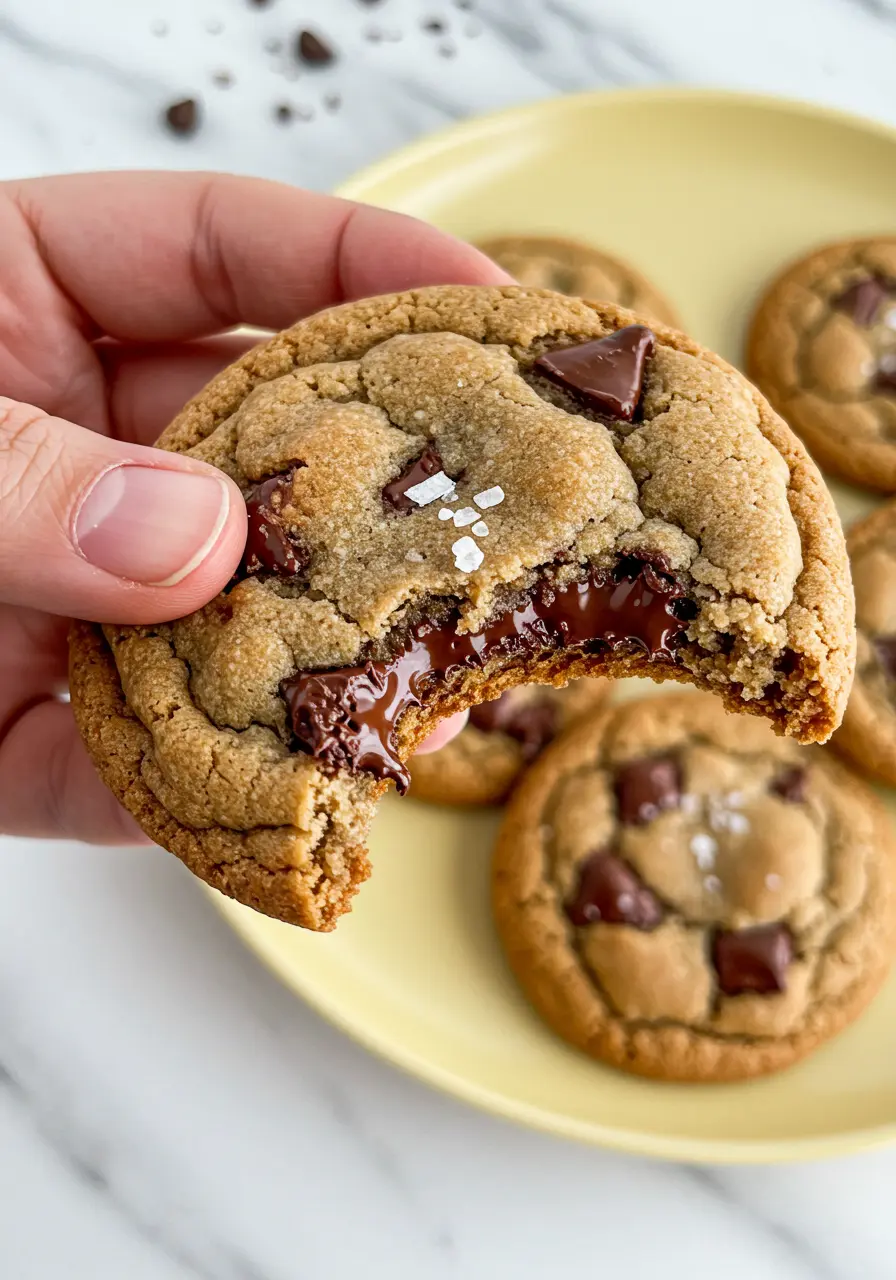 A hand is holding one sourdough chocolate chip cookie with a bite taken out of it.