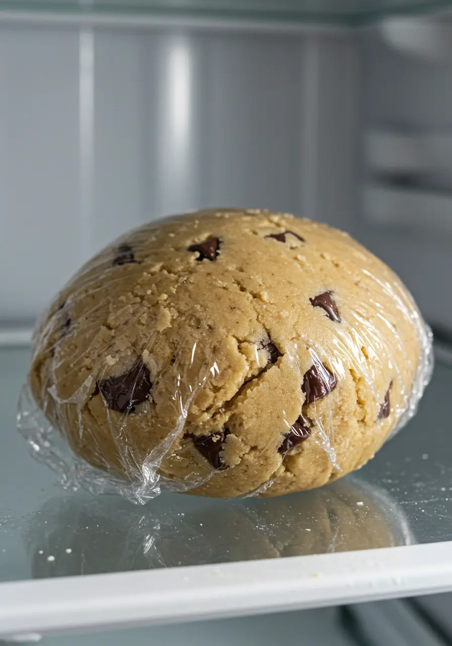 Sourdough chocolate chip cookies dough wrapped in plastic wrap.