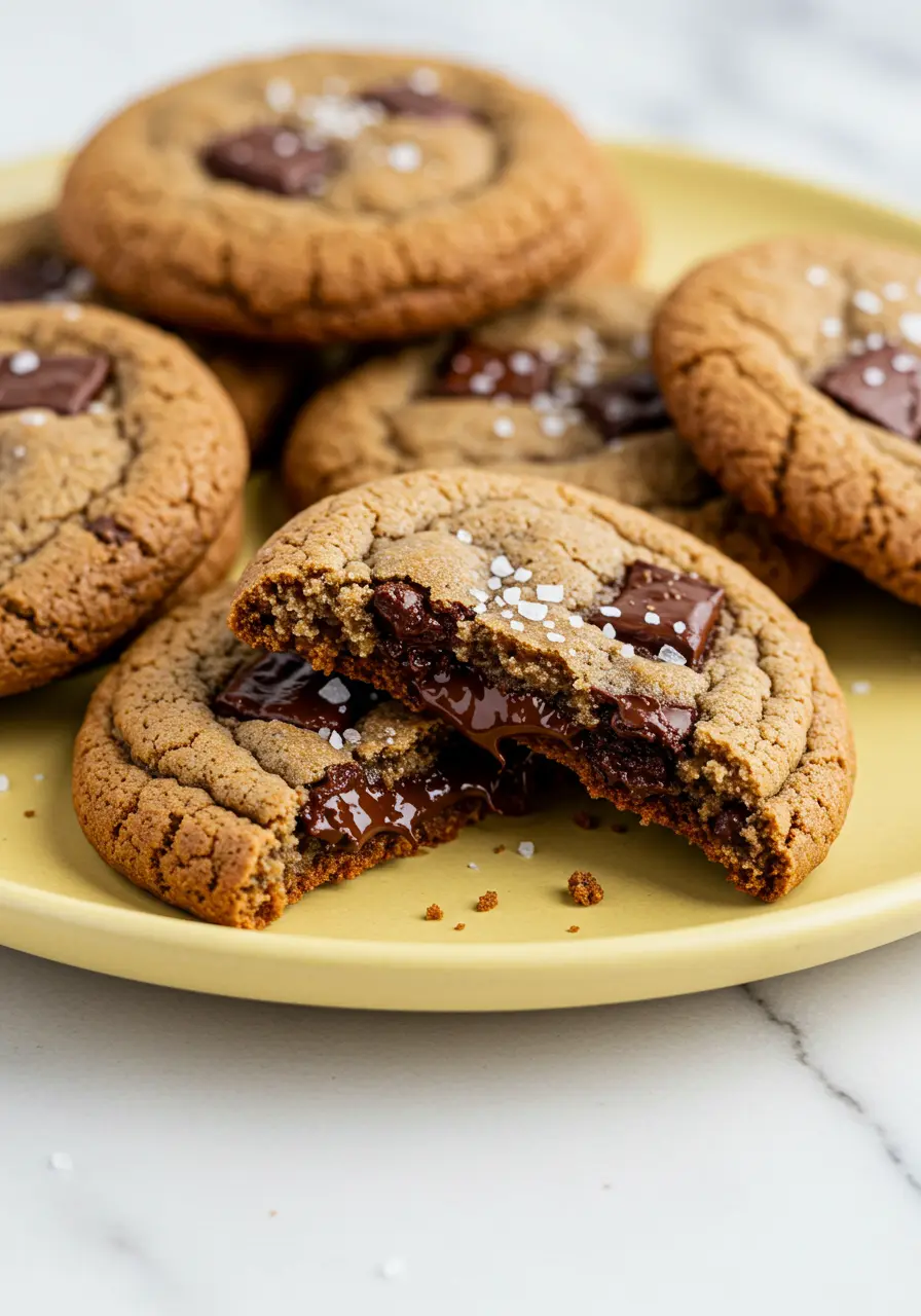 Sourdough chocolate chip cookies on a yellow plate against a white marble surface.