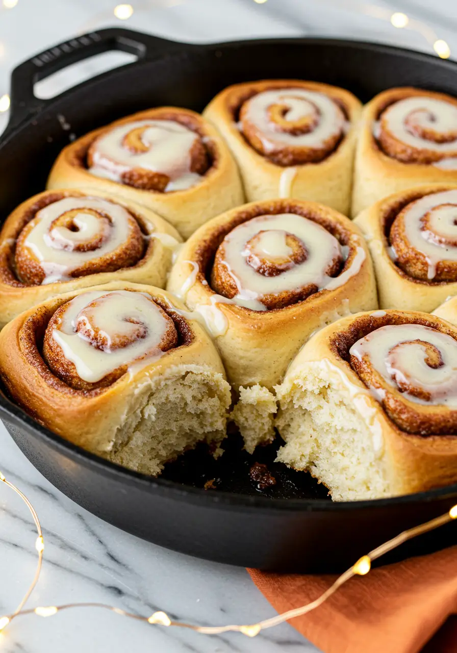 Sourdough cinnamon rolls in a in a rustic, cast-iron skillet with a roll taken out of it.