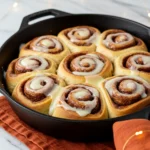 Sourdough cinnamon rolls in a in a rustic, cast-iron skillet against a clean white marble surface.
