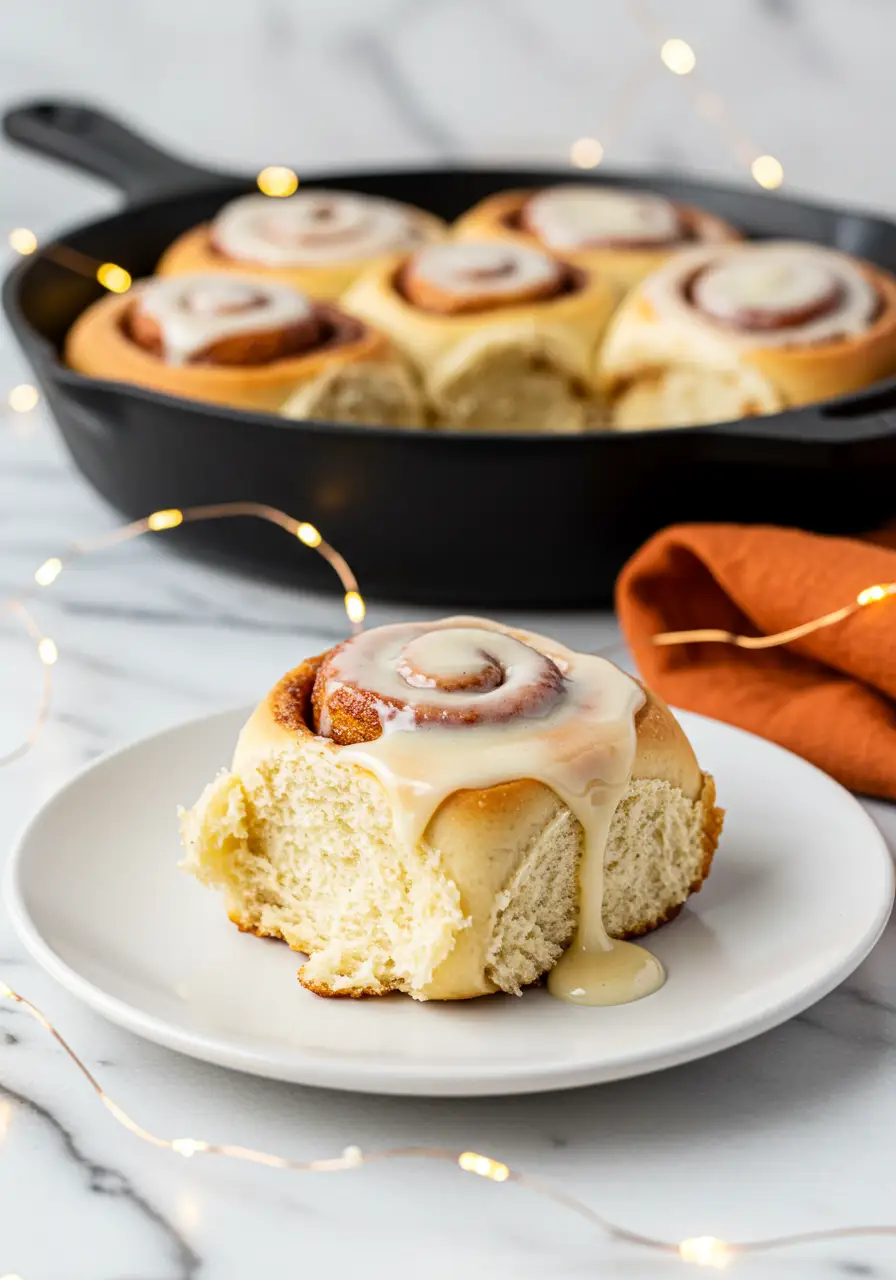 A soft sourdough cinnamon roll served on a white plate, topped with thick cream cheese glaze.