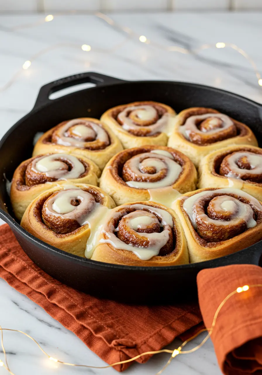 Sourdough cinnamon rolls in a in a rustic, cast-iron skillet against a clean white marble surface.