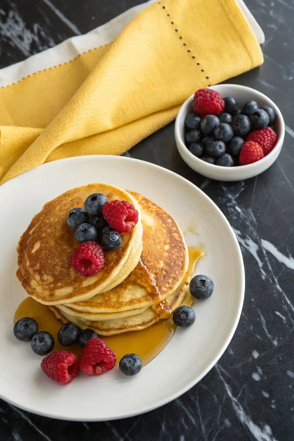 Sourdough discard pancakes on a white plate topped with fresh berries and a drizzle of maple syrup.