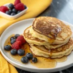 Sourdough discard pancakes on a white plate and a yellow napkin next to the plate.