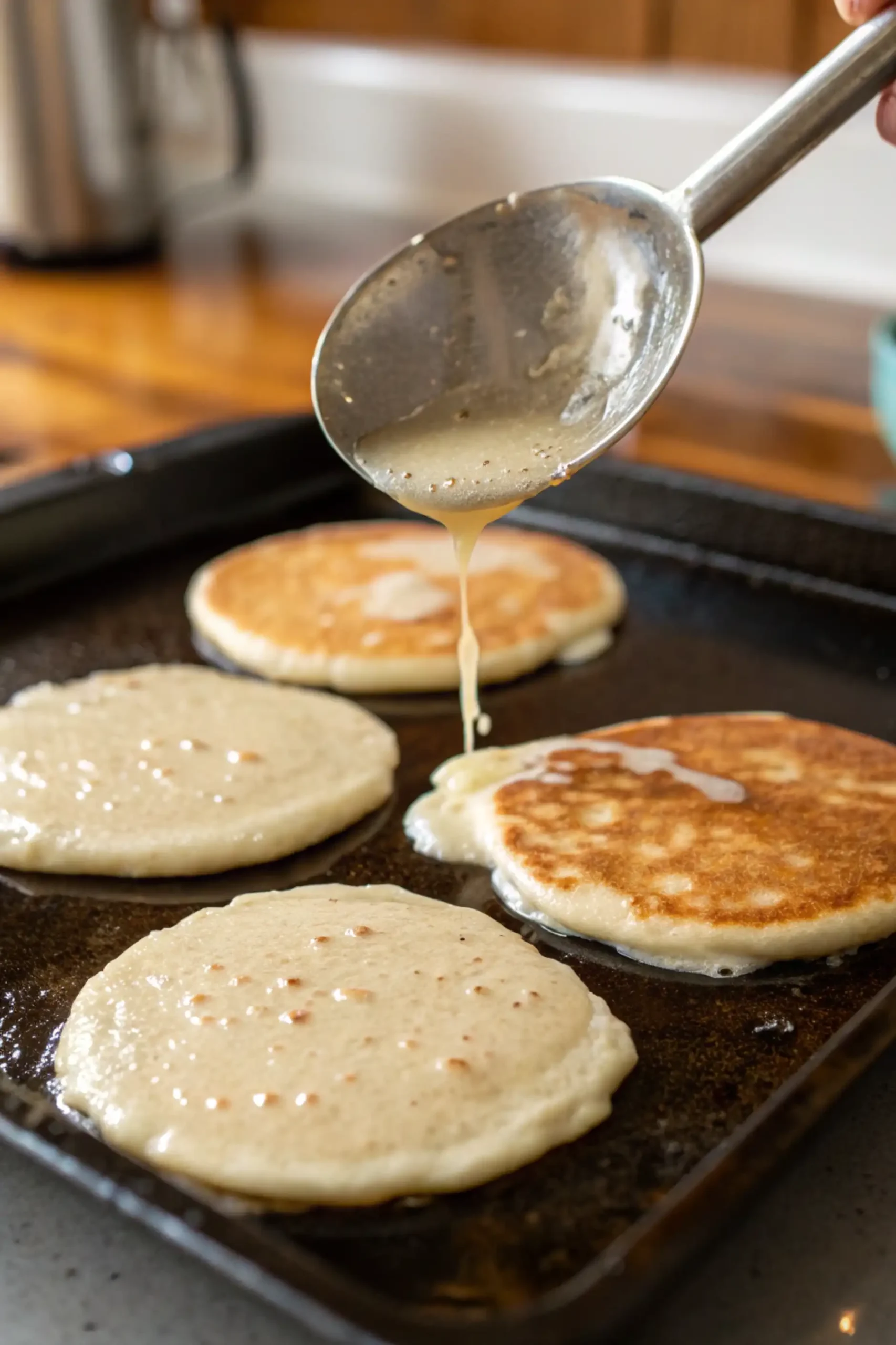 Sourdough discard pancakes cooking on the skillet.