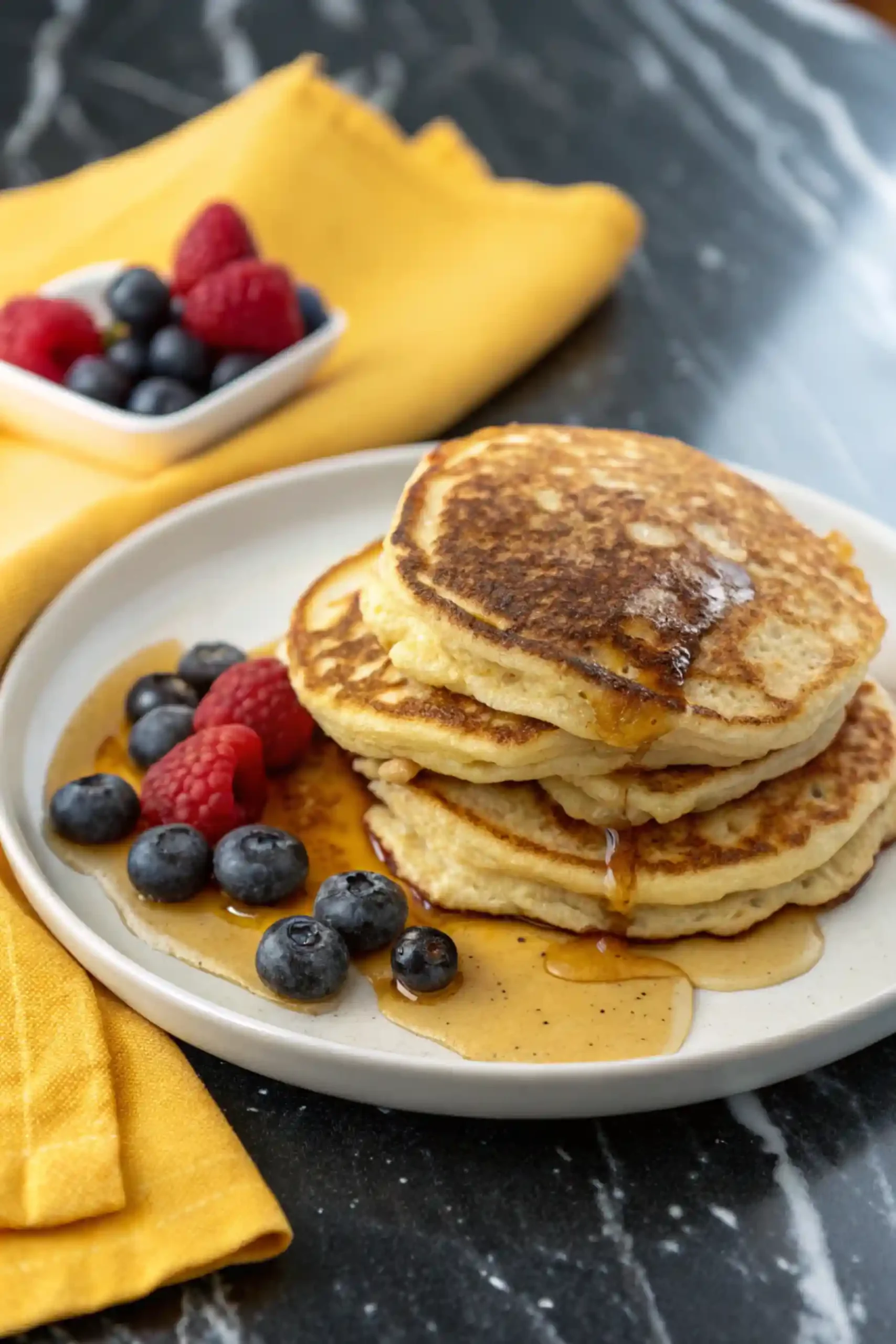 Sourdough discard pancakes on a white plate and a yellow napkin next to the plate.