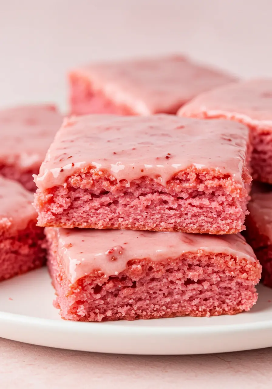 Strawberry brownies on a white plate against a light pink surface.