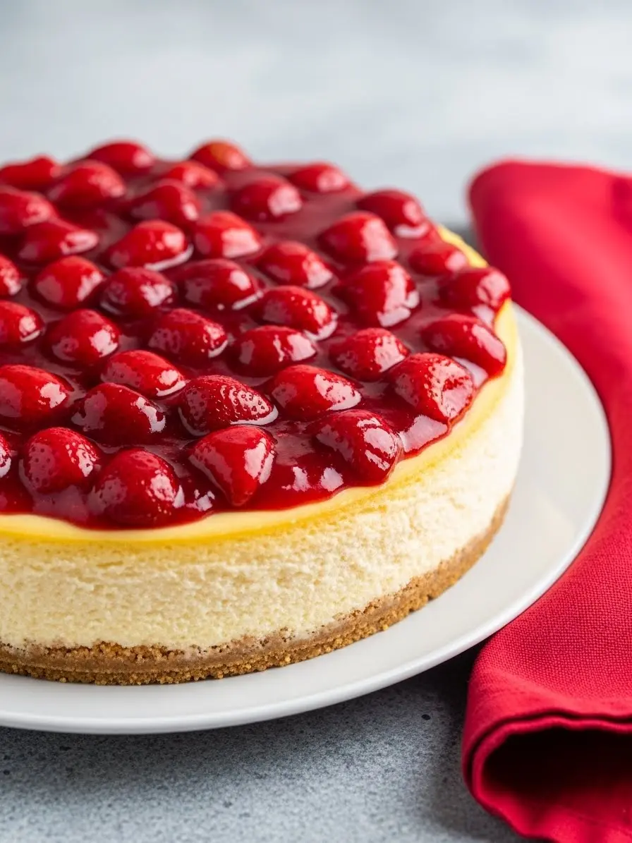 Strawberry cheesecake on a white plate.