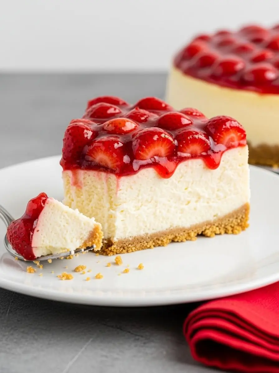 A slice of strawberry cheesecake on a white plate with a bite missing.
