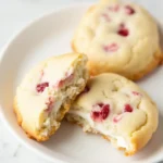 Strawberry Cheesecake Cookies with one cookie split in half showing the soft interior and the cream cheese filling.