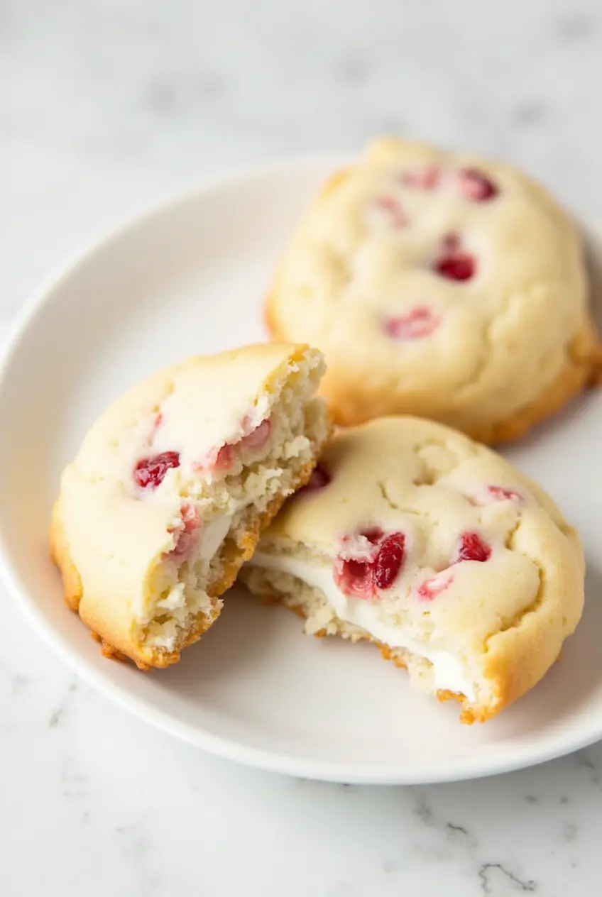 Strawberry Cheesecake Cookies with one cookie split in half showing the soft interior and the cream cheese filling.