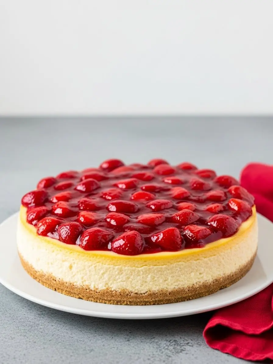 Strawberry cheesecake on a white plate and a red napkin beside it.