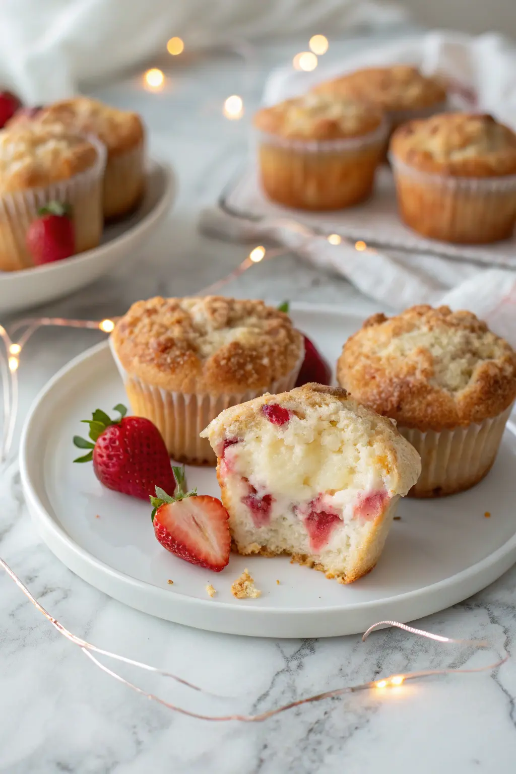 Strawberry Cream Cheese Muffins on a white plate.