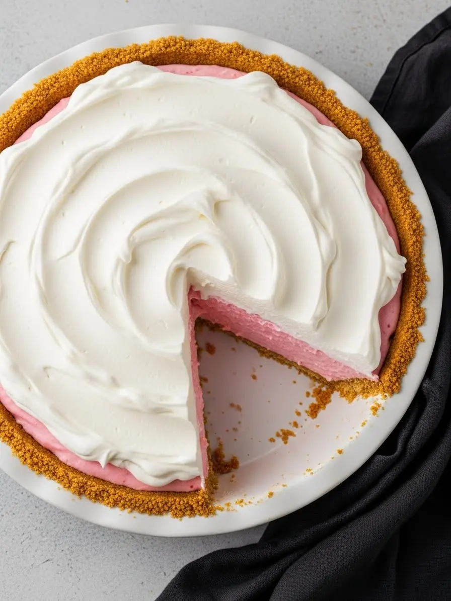 Strawberry cream pie in a white dish with a slice missing.