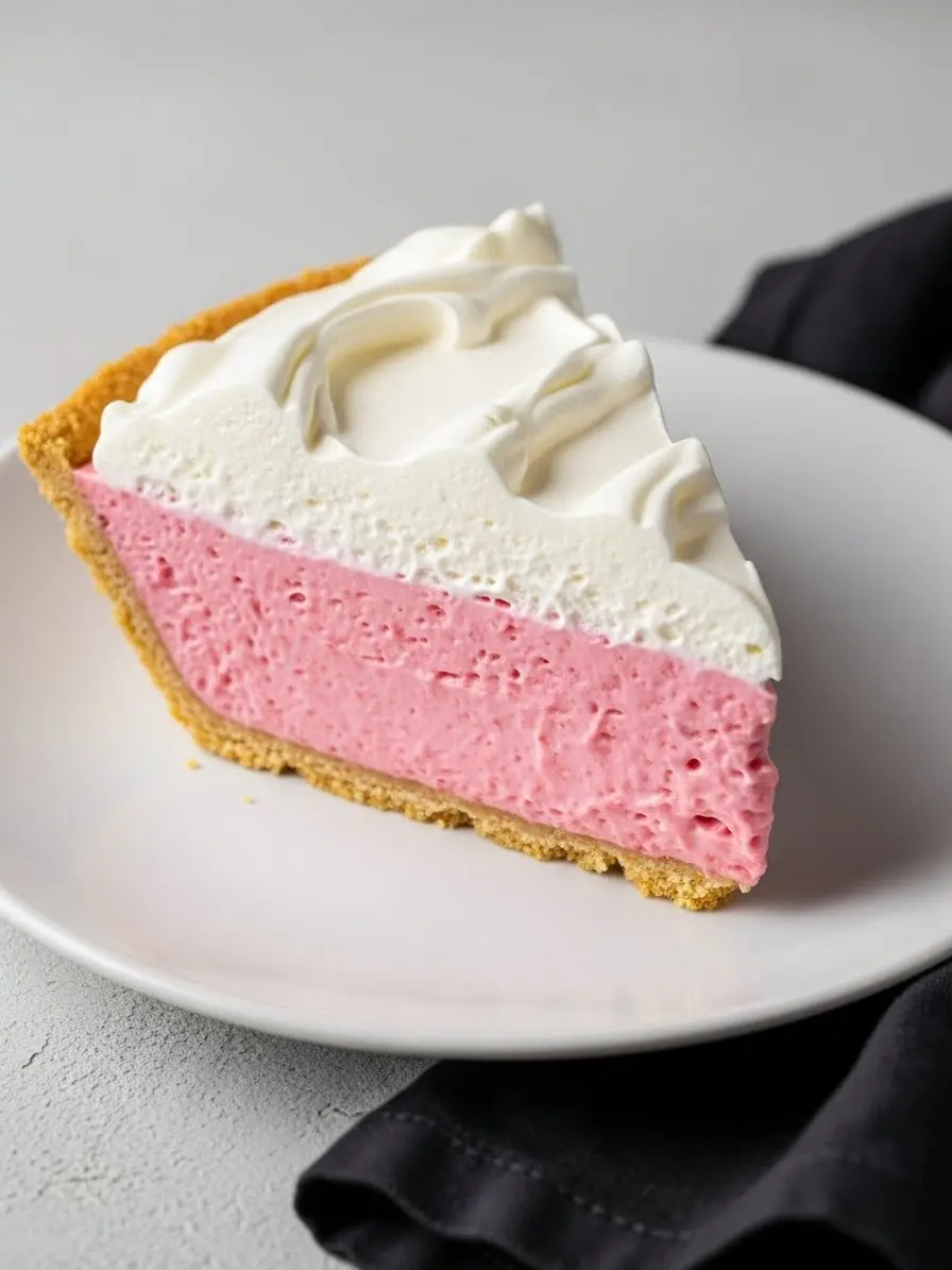 A slice of strawberry cream pie in a white plate.