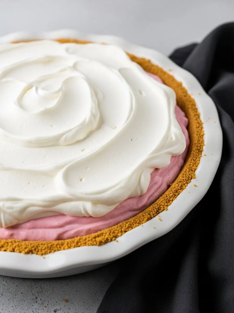 Strawberry cream pie topped with whipped cream in a white dish.