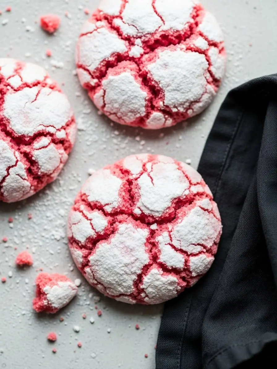 Strawberry crinkle cookies and a black napkin beside them.