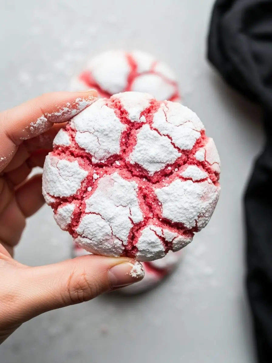 A hand holding a strawberry crinkle cookie.
