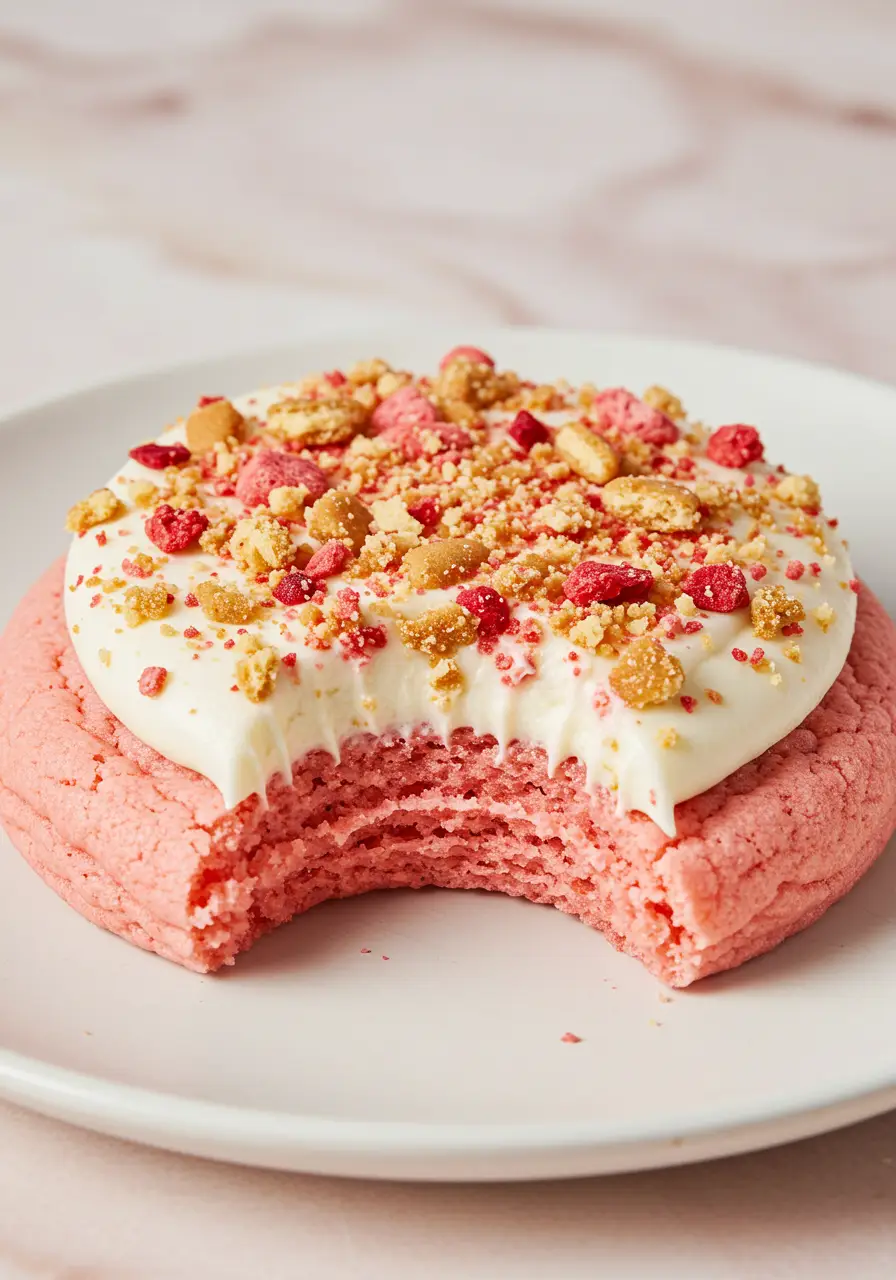 strawberry crunch cookie placed on a white plate against a light pink surface with a bite taken out of it.