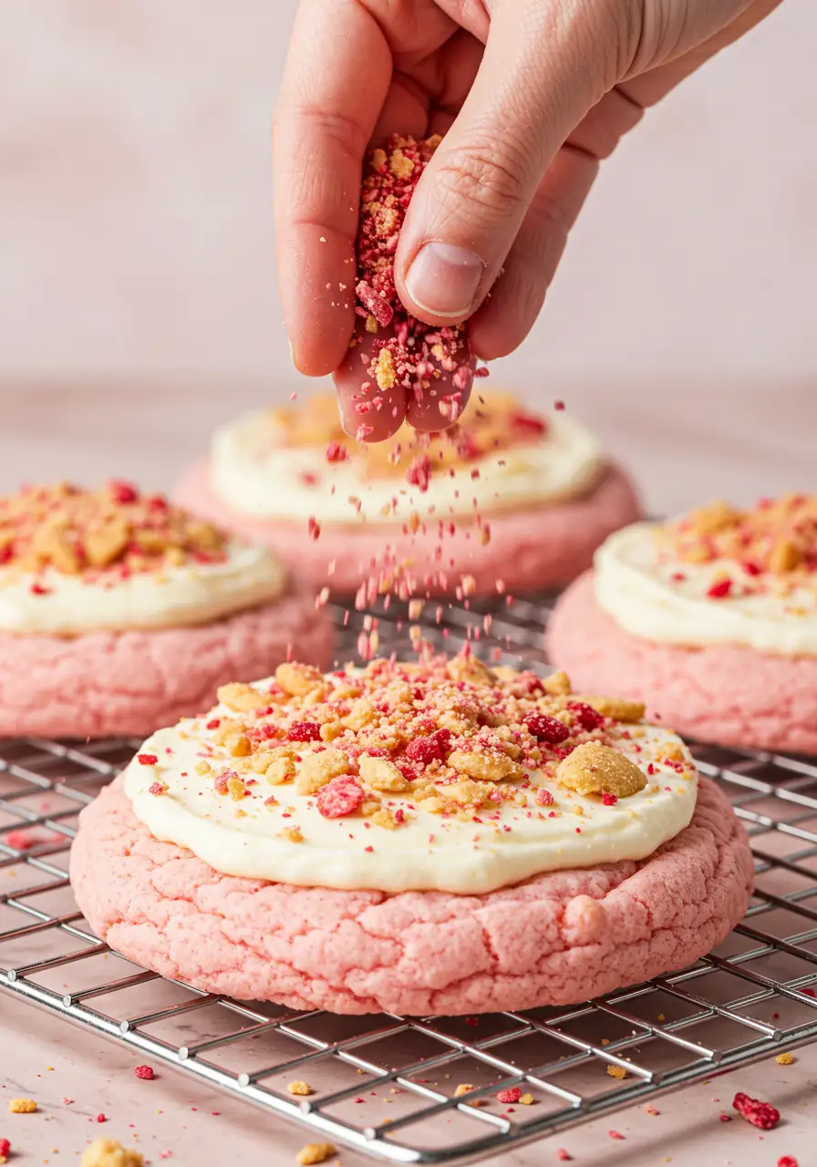 Strawberry crunch cookies are placed on a cooling rack, and a hand sprinkles the crunch topping.