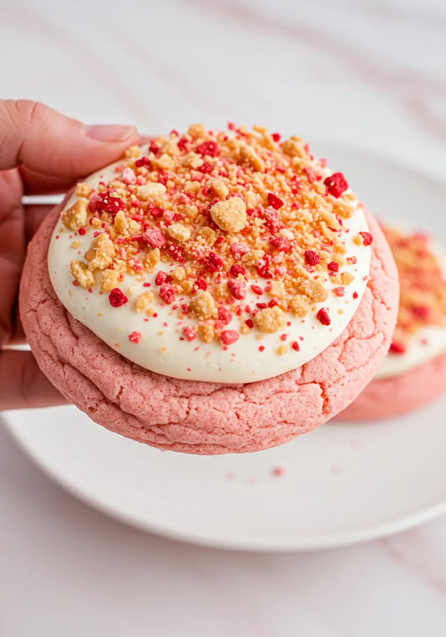 A hand holding one strawberry crunch cookie.