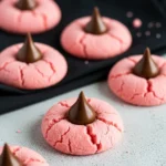 Strawberry kiss cookies on a light gray surface.