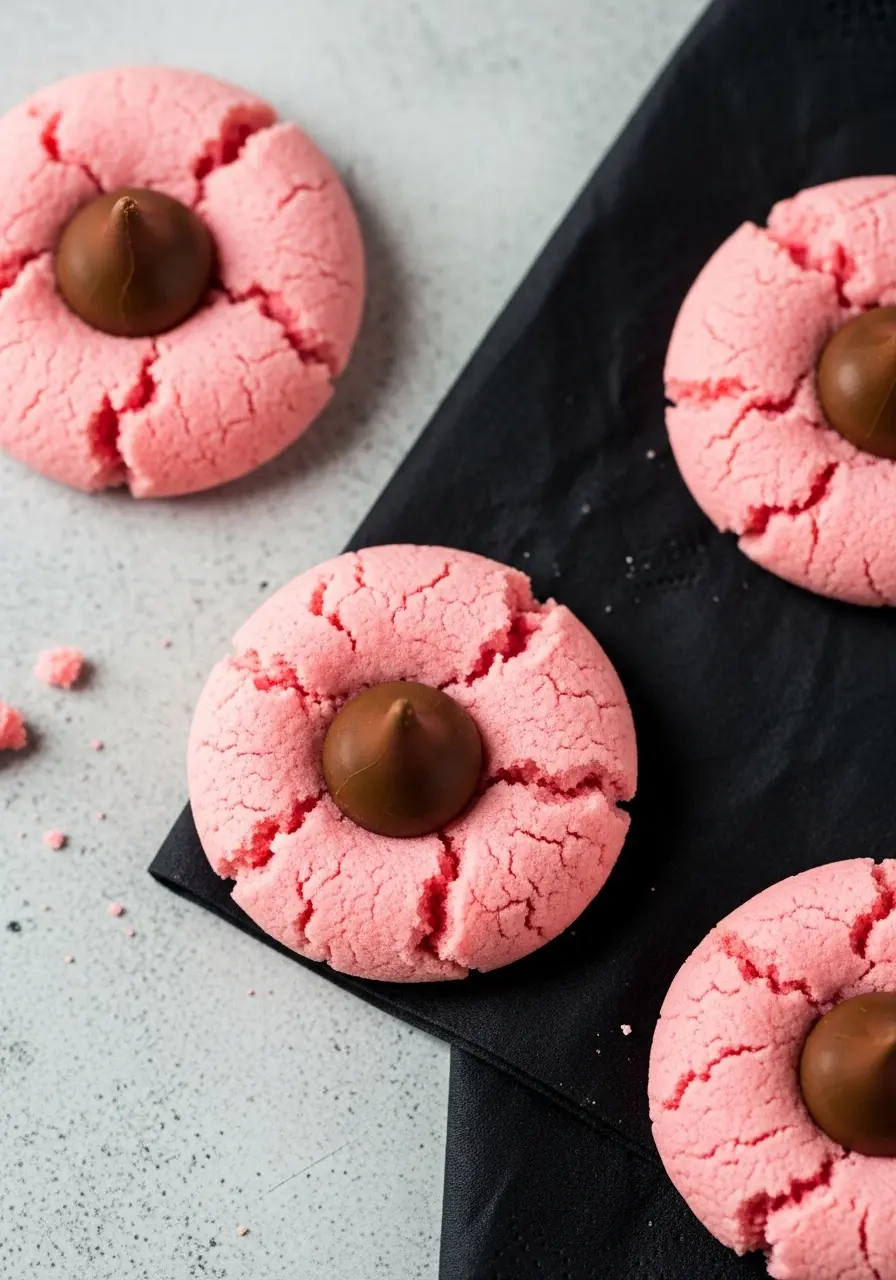 Strawberry kiss cookies on top of a black napkin.