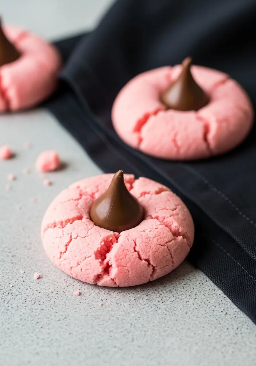 A few trawberry kiss cookies on top of a black napkin.
