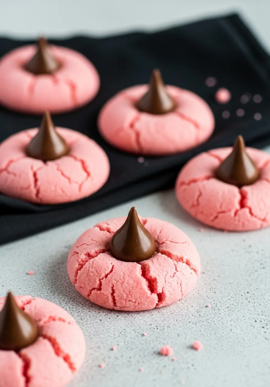 Strawberry kiss cookies on a light gray surface.