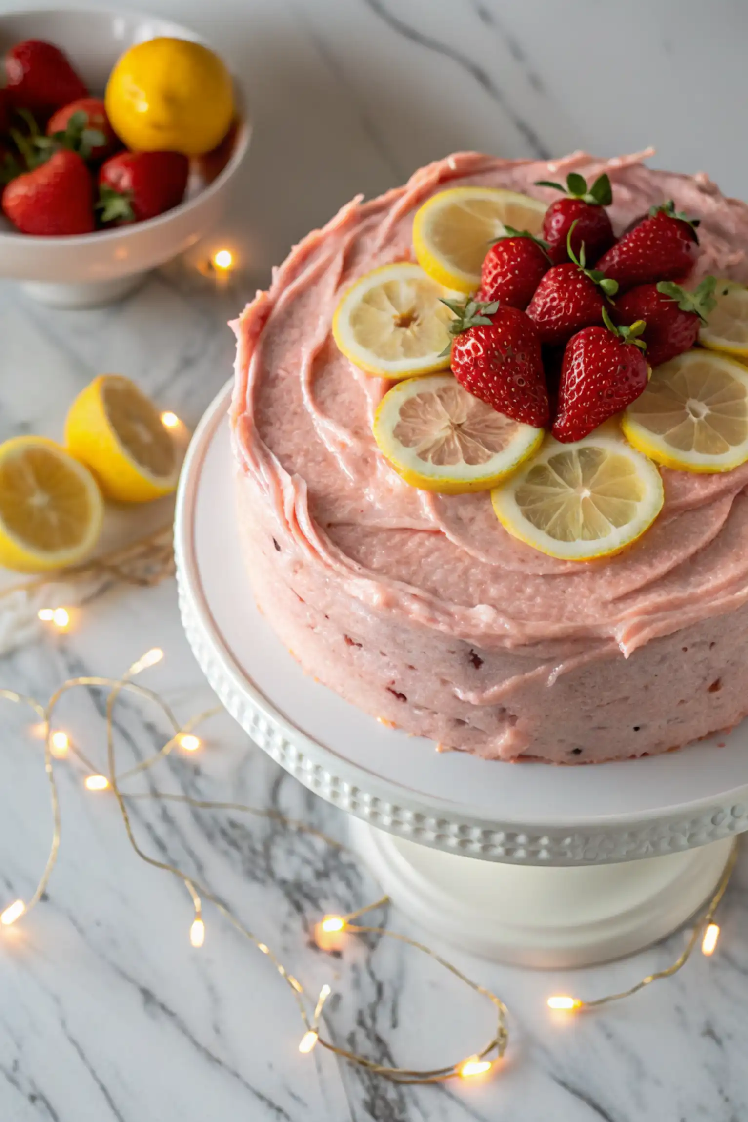Strawberry Lemon Cake placed on a white cake stand against a white marble surface.