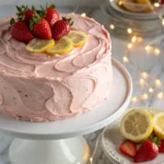 Strawberry Lemon Cake placed on a white cake stand and topped with fresh strawberries and lemon slices.