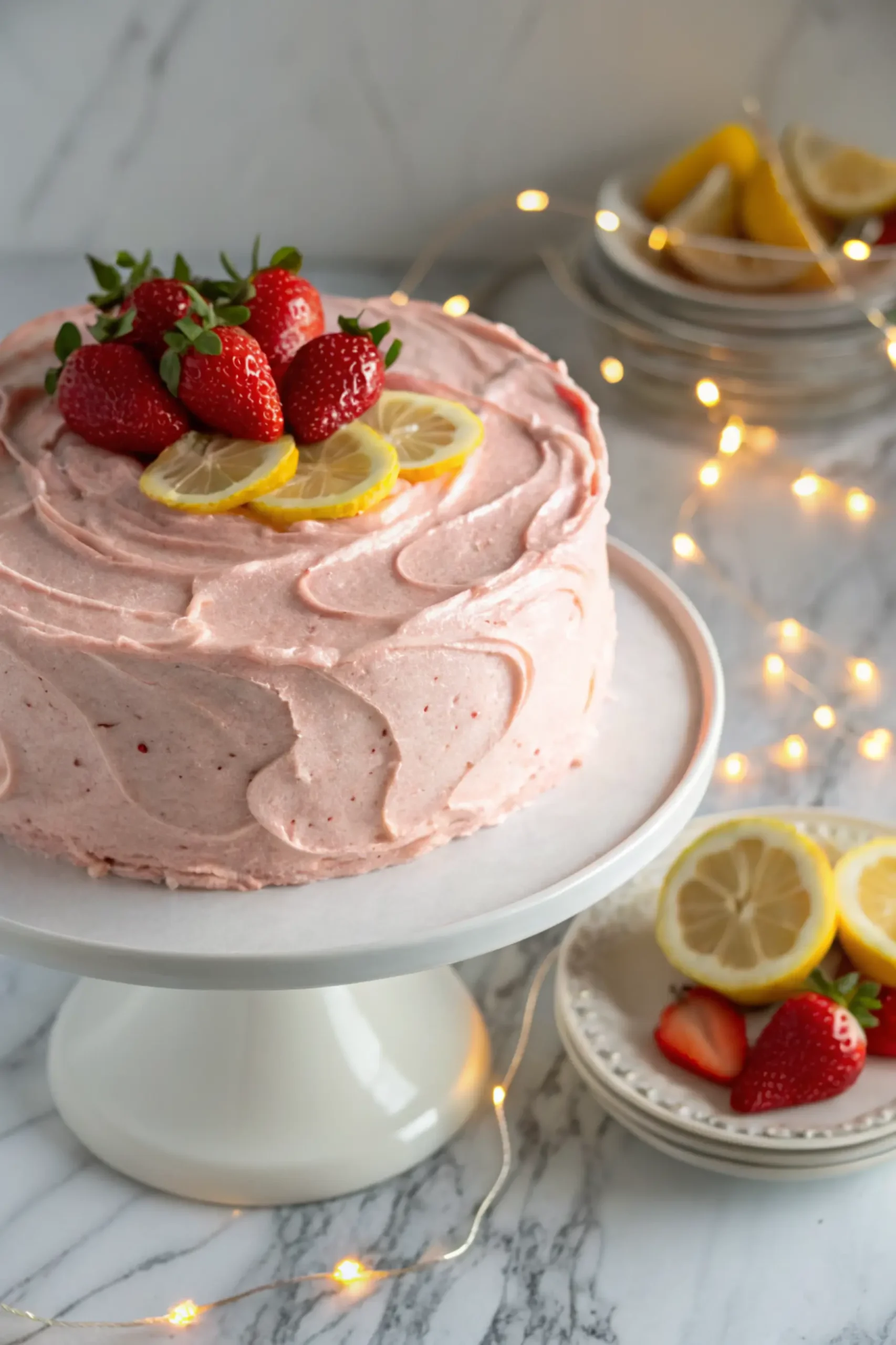 Strawberry Lemon Cake placed on a white cake stand and topped with fresh strawberries and lemon slices.