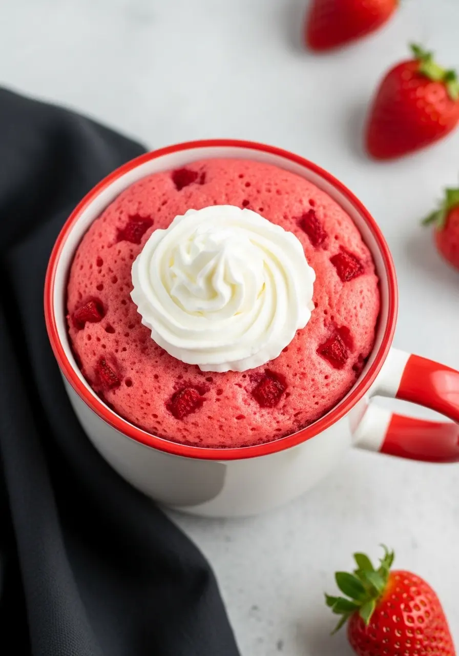 Strawberry mug cake on a light gray surface.