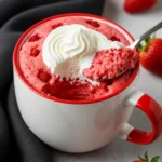 Strawberry mug cake with a spoonful bite taken out of it.