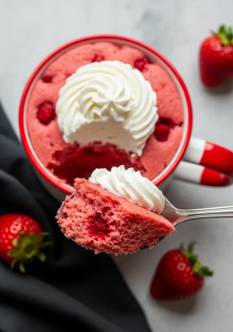A spoon holding a serving of the strawberry mug cake.