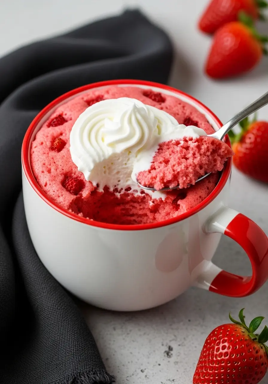 Strawberry mug cake with a spoonful bite taken out of it.